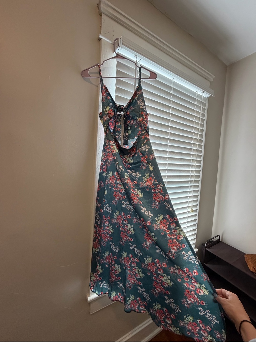 Teal Floral Midi Slip Dress with Tie-Back